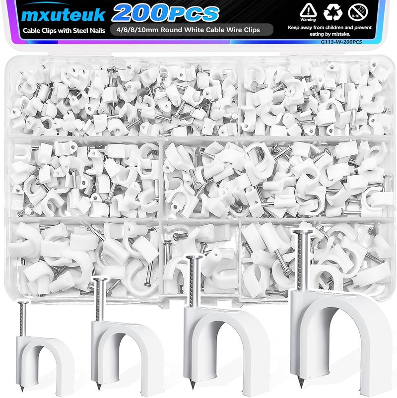 mxuteuk 200PCS Cable Clips with Steel Nails,4/6/8/10mm Round White Cable Wire Clips,Wall Clips for Cords,Cable Cord Clips for RG6 RG59 CAT6 RJ45 - Image 1